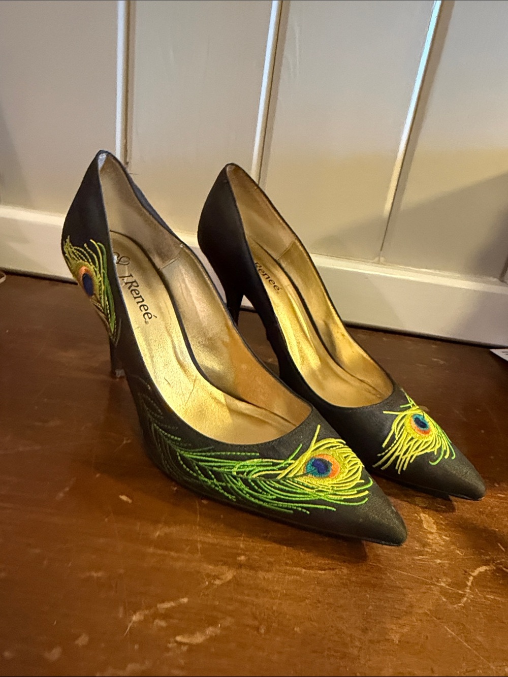 J.Renee Black Satin Pointed-Toe Heels with Peacock Embroidery size 10